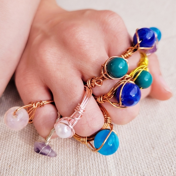 HANDMADE Boho Rings Lot Copper Gold Rose & Silver Wire Wrapped Glass Beads - Picture 1 of 14